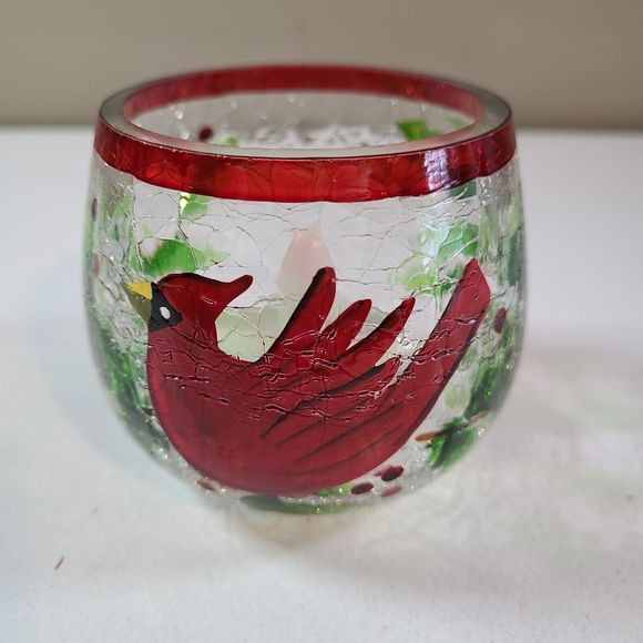 Cardinal With Holly Crackle Glass Votive Tea Light Candle Holder hanpain… - Picture 4 of 12